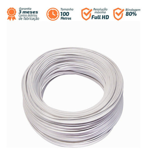 Cable Coaxial Bipolar Cftv Full Hd 75 Ohms 4Mm Pvc 80% 100Mts Cable De Conexion Blanco