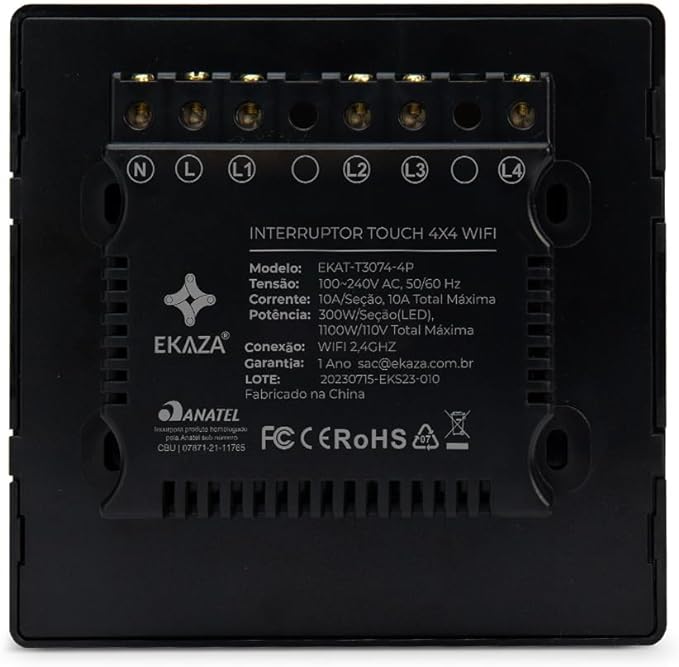 Ekaza Interruptor Touch 4 Botoes Preto 4X4 2.5D Wi-Fi