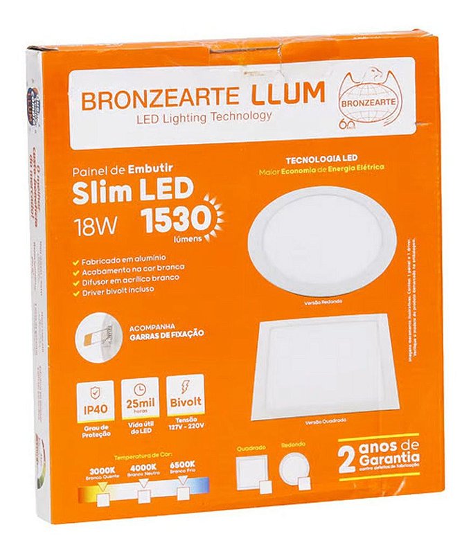 Painel Slim Led Embutir Redondo 1400 Lumens 18W Bivolt 22,5 Cm Branco Llum Bronzearte