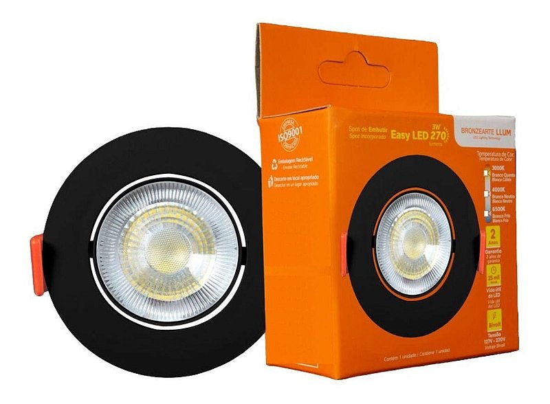 Spot Easy Led Embutir Redondo 270 Lúmens 3W Bivolt 7,5 Cm Preto Llum Bronzearte