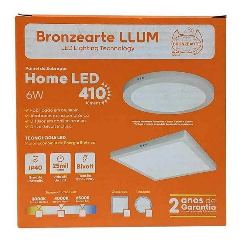 Painel Home Led 6W Sobrepor Quadrado 6500K Branco Frio Bivolt 410 Lumens 11Cm Branco Llum Bronzearte