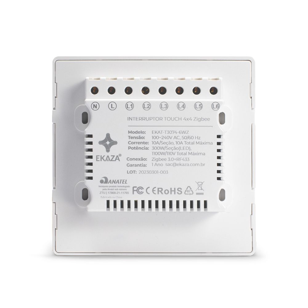 Interruptor Touch Inteligente  4X4 06 Botoes Wi-Fi Branco