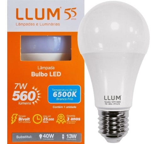 Lampada Led Bulbo E27 560 Lumens 6500K Branco Frio 7W Bivolt 200° Llum Bronzearte