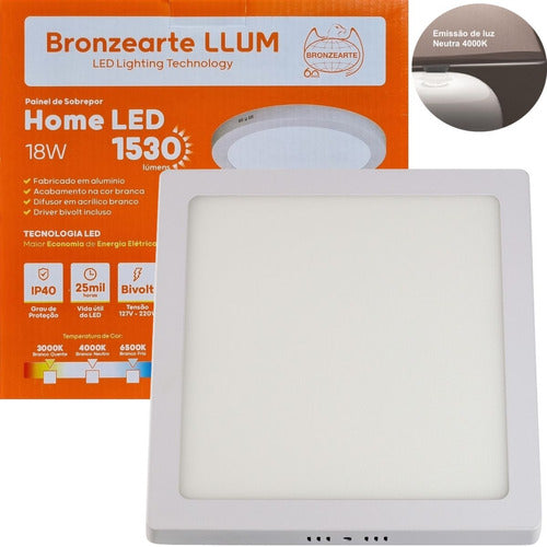 Painel Home Led Sobrepor Quadrado 1400 Lúmens 4000K Branco Neutro 18W Bivolt 21X21 Branco Llum Bronzearte