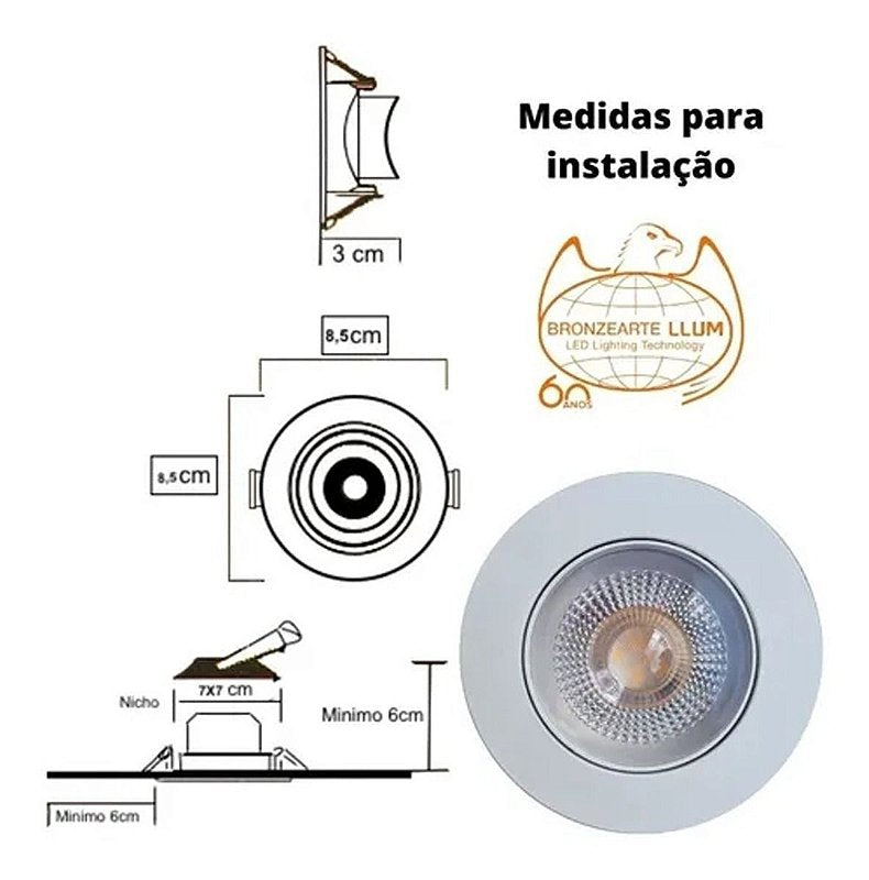 Spot Easy Led Embutir Redondo 630 Lúmens 7w Bivolt 8,5 cm Branco Llum Bronzearte