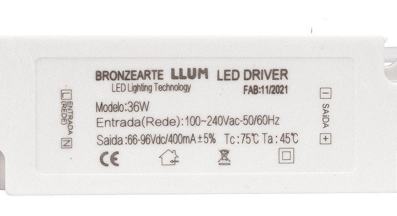 Driver Para Paineis Led 36W Retroiluminación Bivolt Branco Llum Bronzearte