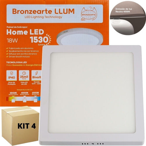 Painel Home Led Sobrepor Quadrado 1400 Lúmens 4000K Branco Neutro 18W Bivolt 21X21 Branco Llum Bronzearte