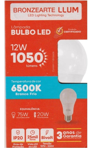 Lampada Led Bulbo A60 E27 1050 Lúmens 6500K Branco Frio 12W Bivolt 200° Llum Bronzearte