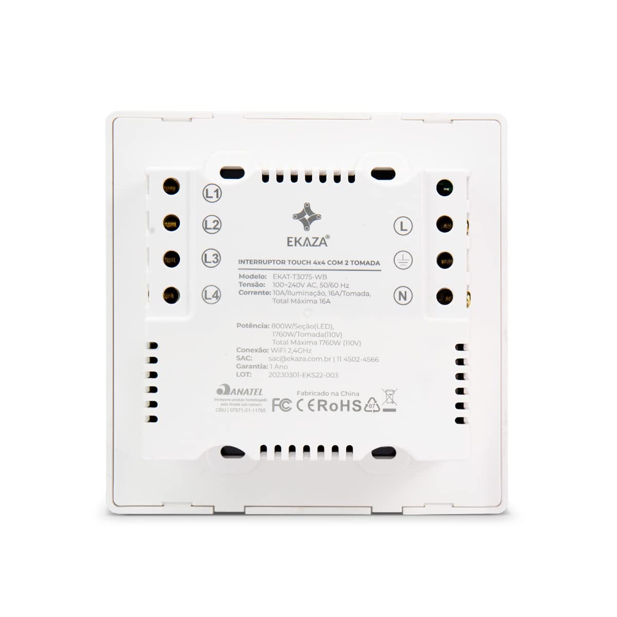 Interruptor Touch Inteligente  4X4 04 Botoes Con 2 Tomadas Wi-Fi Branco