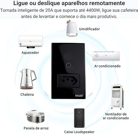 Interruptor Touch Inteligente 1 Botao Preto Com Tomada 20A