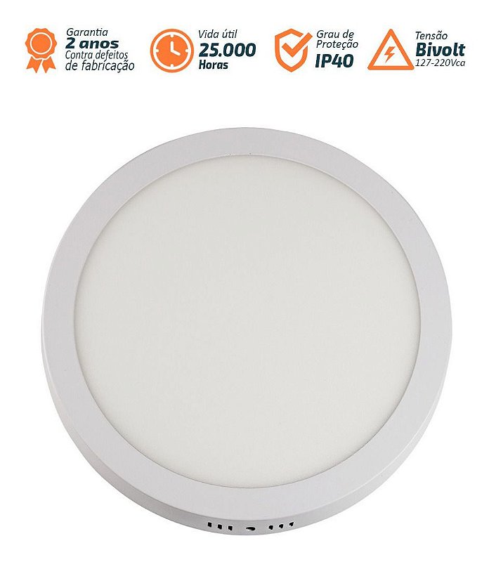 Painel Home Led 24W Sobrepor Redondo 6500K Branco Frio Bivolt 2040 Lumens 30Cm Branco Llum Bronzearte