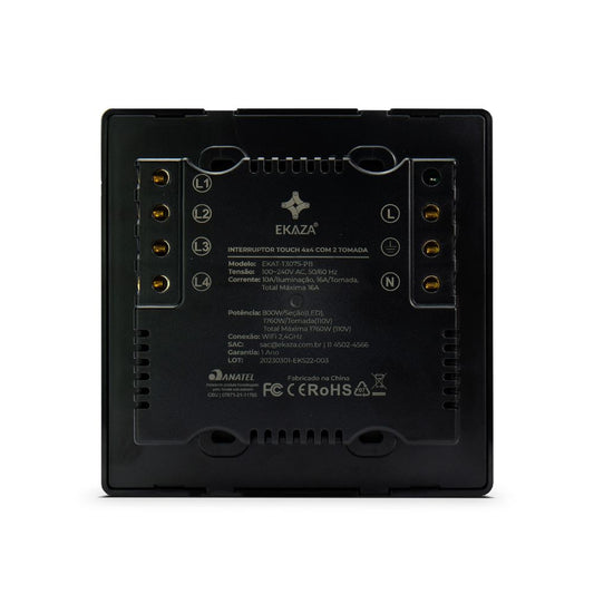 Interruptor Touch Inteligente  4X4 04 Botoes Con 2 Tomadas Wi-Fi Preto