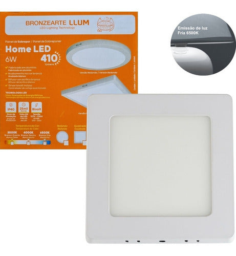 Painel Home Led 6W Sobrepor Quadrado 6500K Branco Frio Bivolt 410 Lumens 11Cm Branco Llum Bronzearte