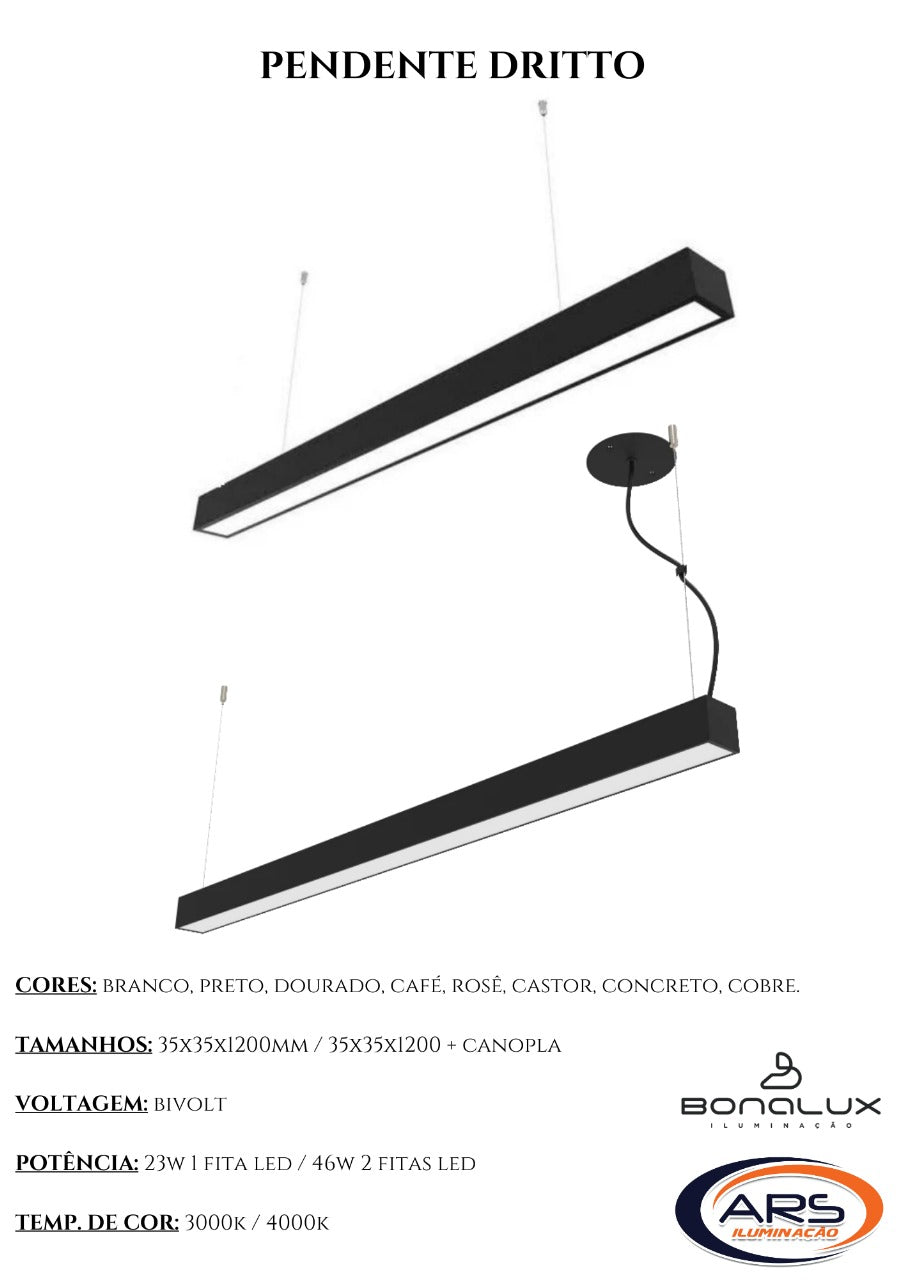 PENDENTE PERFIL DRITTO 35X35X1200M 23W 3000K PT M.T