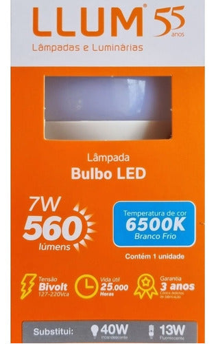 Lampada Led Bulbo E27 560 Lumens 6500K Branco Frio 7W Bivolt 200° Llum Bronzearte