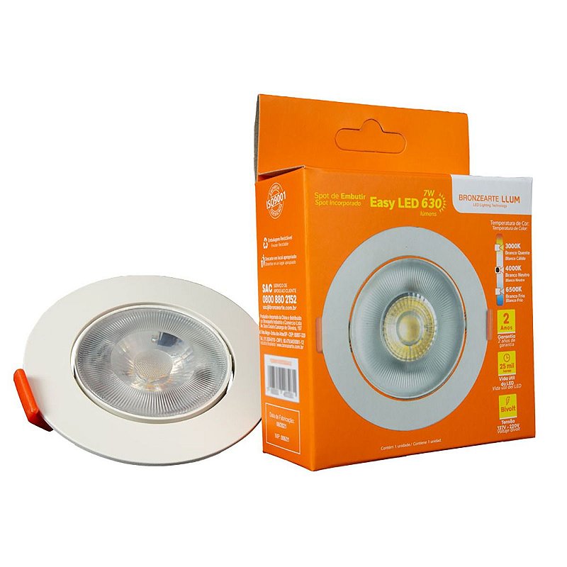 Spot Easy Led Embutir Redondo 630 Lúmens 7w Bivolt 8,5 cm Branco Llum Bronzearte