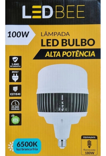 Lampada Led Bulbo Alta Potência E27 E40 7200 Lumens 6500K Branco Frio 100W Bivolt 180° Ledbee