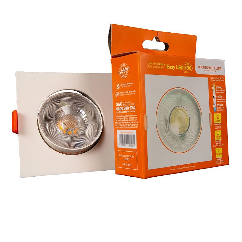 Spot Led Easy Led Embutir Quadrado 630 Lúmens 7W Bivolt 8,5 X 8,5 Branco Llum Bronzearte