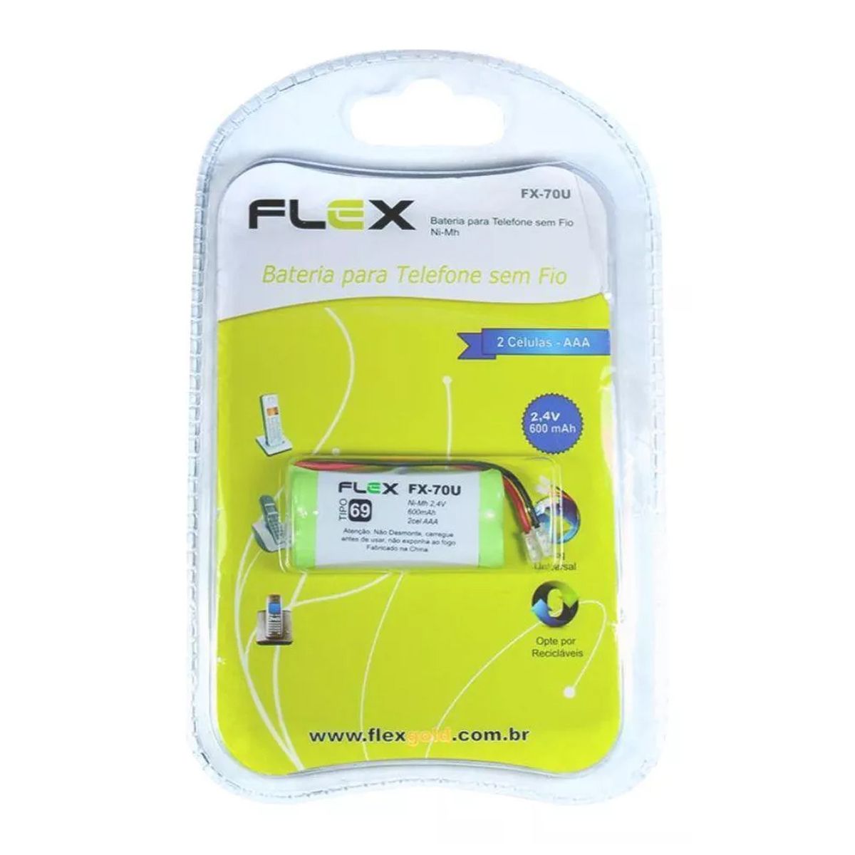 Bateria P/ Telefone Sem Fio Mod. "Flex" Fx-70U 2.4V 600Mah