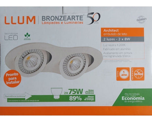 Architect Embutir Duas Luzes 1180 Lumens 4200K Branco Neutro 16W Branco Bivolt Llum Bronzearte