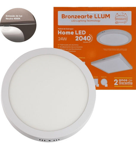 Painel Home Led Sobrepor Redondo 4000K Branco Neutro 24W Bivolt 2040 Lumens 30Cm  Branco Llum Bronzearte